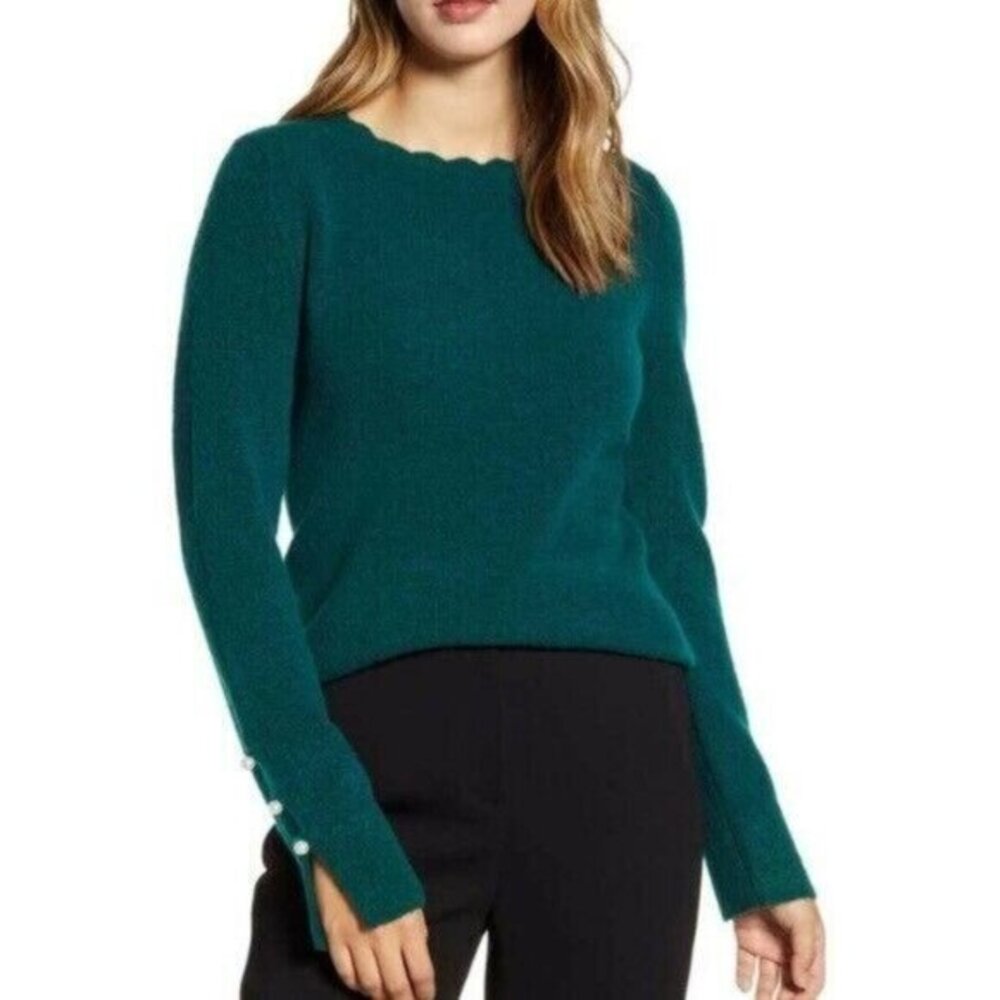 RACHEL PARCELL Scallop Crew Neck Green Pearl Sleeve Sweater Pullover SZ XS NWT